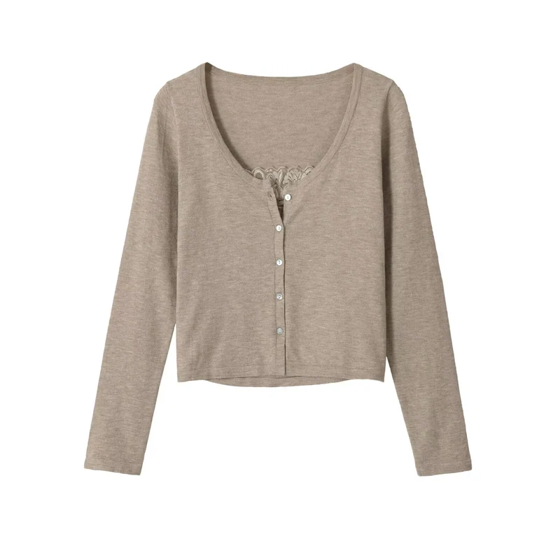 Damen Feine Knopfjacke mit Spitzen-Detail und U-Boot-Ausschnitt Drune
