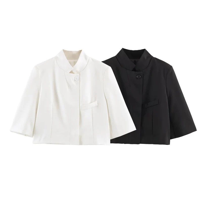 Damen Elegante Cropped-Jacke mit Stehkragen, verdeckter Knopfleiste und 3/4-Ärmeln Drune