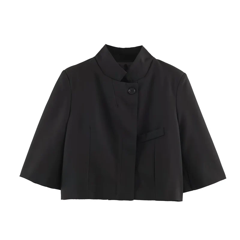 Damen Elegante Cropped-Jacke mit Stehkragen, verdeckter Knopfleiste und 3/4-Ärmeln Drune