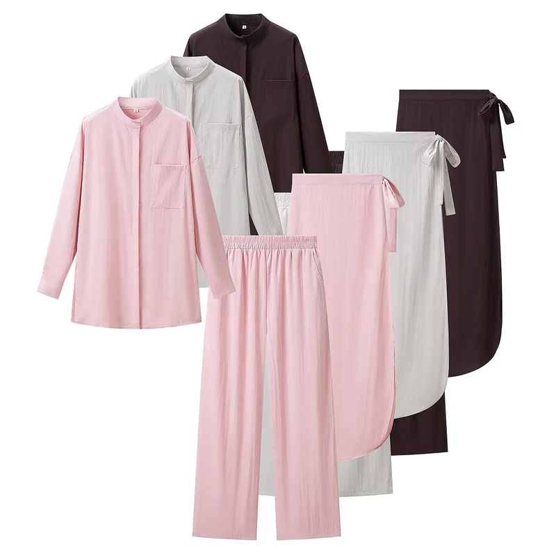 Damen Dreiteiliges Relax-Loungewear-Set mit Stehkragen, elastischer Highwaist-Hose und Wickelrock Drune