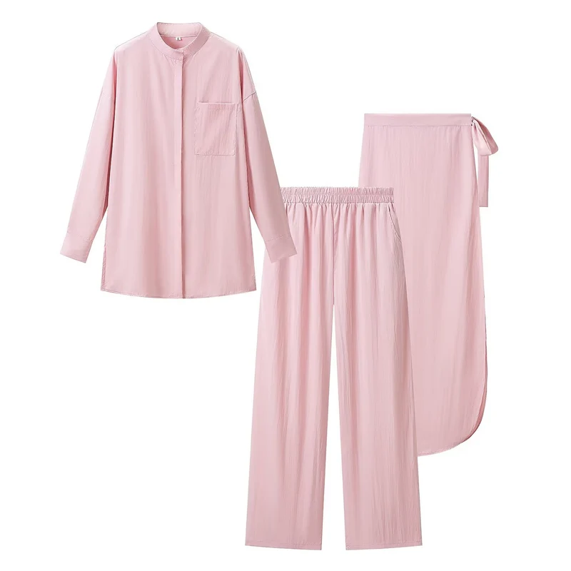 Damen Dreiteiliges Relax-Loungewear-Set mit Stehkragen, elastischer Highwaist-Hose und Wickelrock Drune