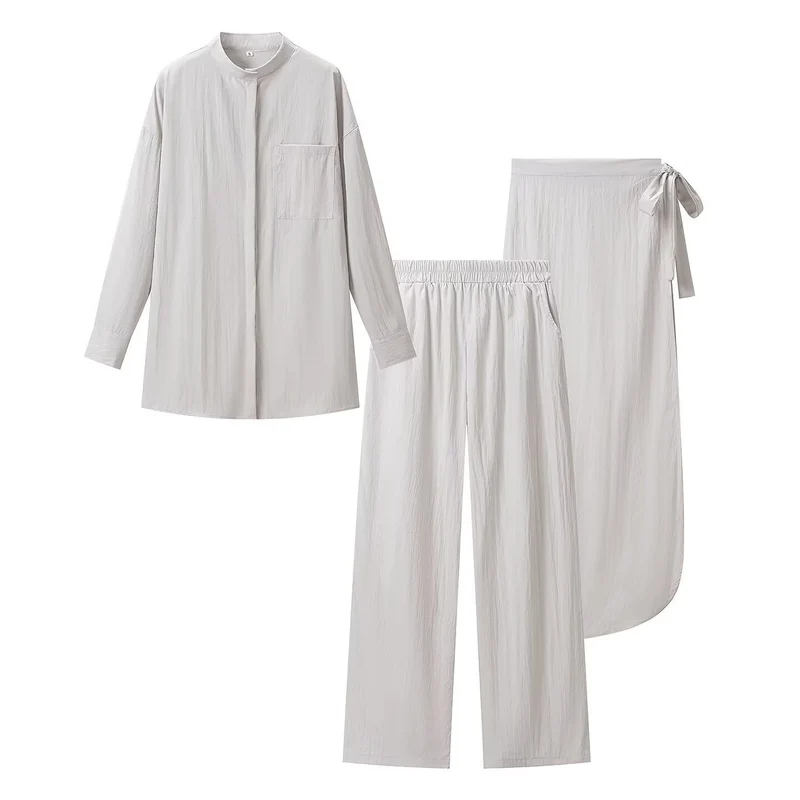 Damen Dreiteiliges Relax-Loungewear-Set mit Stehkragen, elastischer Highwaist-Hose und Wickelrock Drune