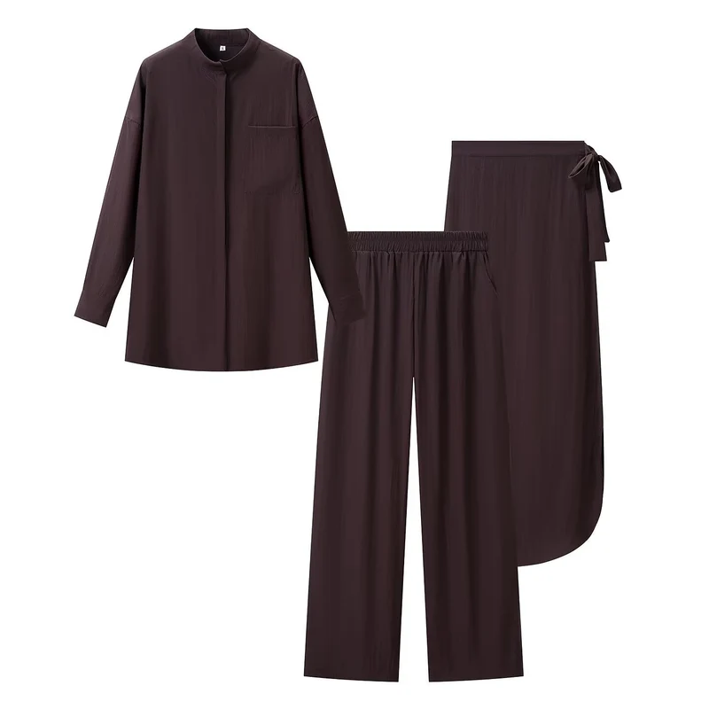 Damen Dreiteiliges Relax-Loungewear-Set mit Stehkragen, elastischer Highwaist-Hose und Wickelrock Drune