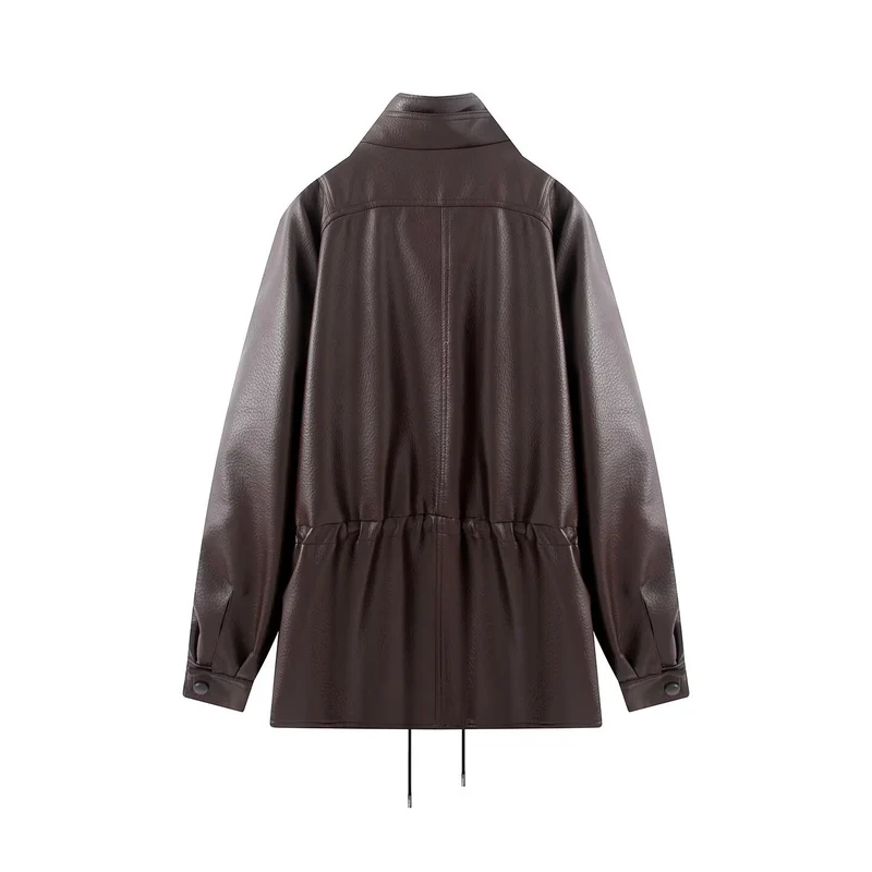 Damen Doppelreihige Kunstlederjacke mit Stehkragen, weitem Revers und Tunnelzug Drune