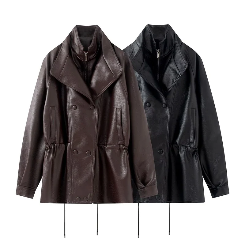 Damen Doppelreihige Kunstlederjacke mit Stehkragen, weitem Revers und Tunnelzug Drune