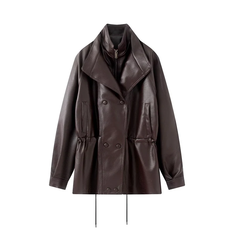 Damen Doppelreihige Kunstlederjacke mit Stehkragen, weitem Revers und Tunnelzug Drune