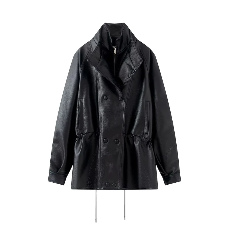 Damen Doppelreihige Kunstlederjacke mit Stehkragen, weitem Revers und Tunnelzug Drune