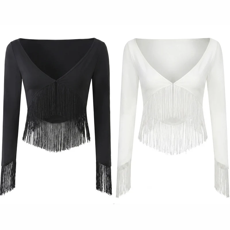 Damen Cropped V‑Neck Oberteil mit langen Ärmeln und dekorativem Fransenbesatz Drune