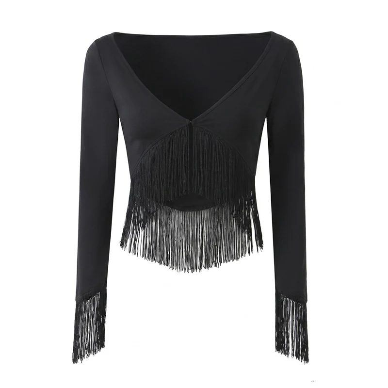 Damen Cropped V‑Neck Oberteil mit langen Ärmeln und dekorativem Fransenbesatz Drune