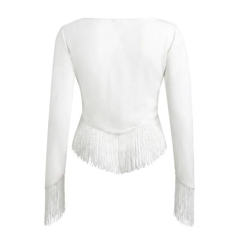 Damen Cropped V‑Neck Oberteil mit langen Ärmeln und dekorativem Fransenbesatz Drune