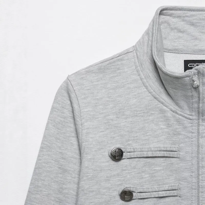 Damen Cropped-Sweatjacke mit Stehkragen und dekorativer Zierknopfleiste Drune