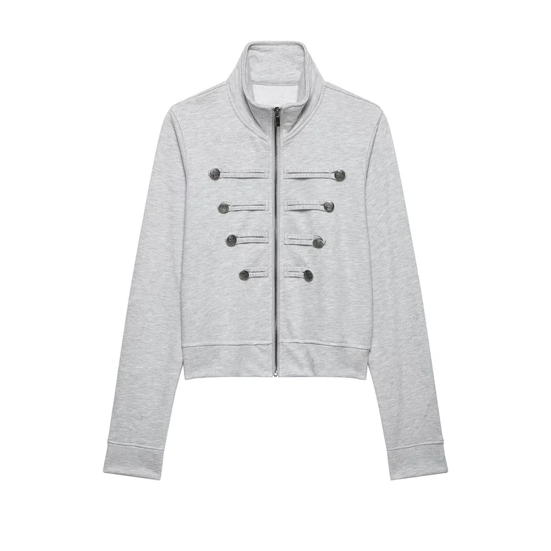 Damen Cropped-Sweatjacke mit Stehkragen und dekorativer Zierknopfleiste Drune