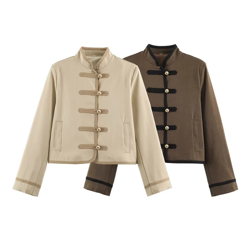 Damen Cropped Stehkragenjacke mit dekorativen Knebelverschlüssen und Boxy-Schnitt Drune