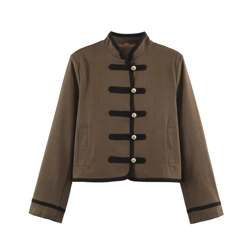 Damen Cropped Stehkragenjacke mit dekorativen Knebelverschlüssen und Boxy-Schnitt Drune