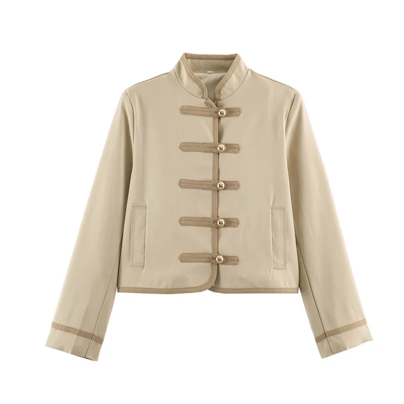 Damen Cropped Stehkragenjacke mit dekorativen Knebelverschlüssen und Boxy-Schnitt Drune