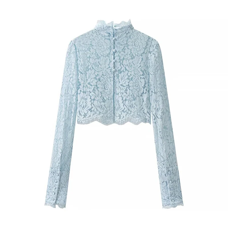 Damen Cropped-Spitzenoberteil mit Stehkragen und langen Ärmeln Drune