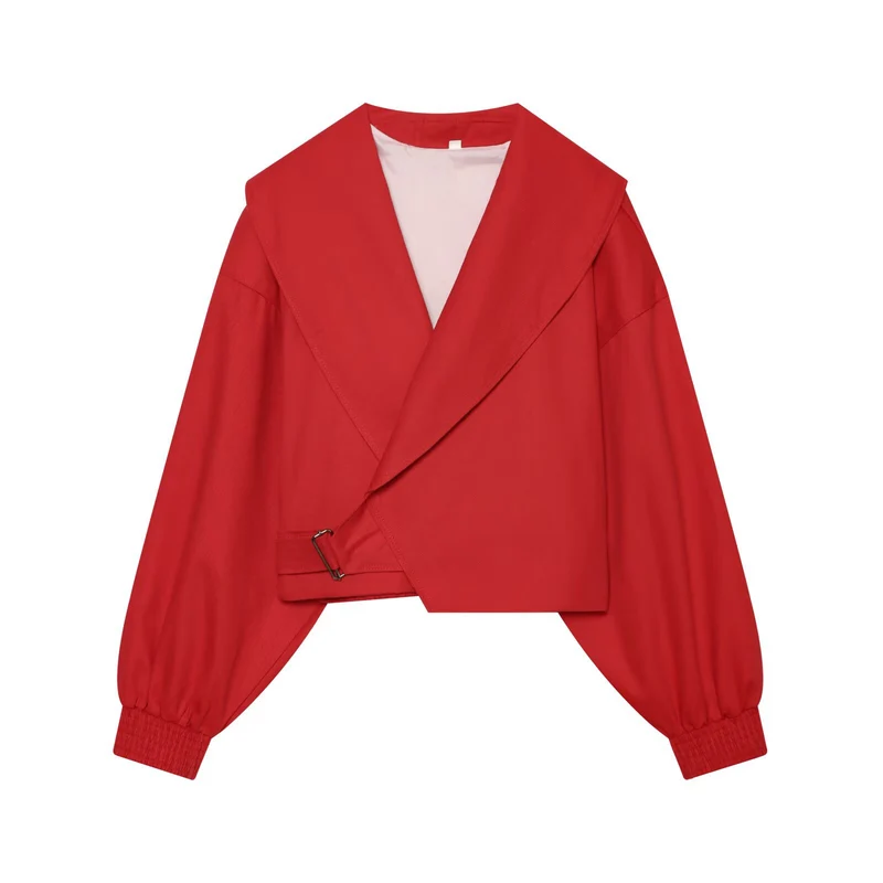 Damen Cropped-Manteljacke mit weitem Schalkragen, Taillenriegel und Ballonärmeln Drune
