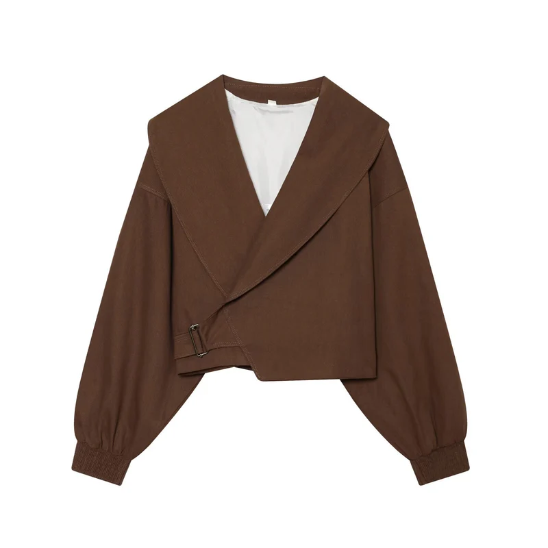 Damen Cropped-Manteljacke mit weitem Schalkragen, Taillenriegel und Ballonärmeln Drune
