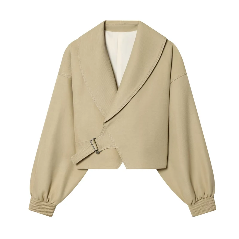 Damen Cropped-Manteljacke mit weitem Schalkragen, Taillenriegel und Ballonärmeln Drune