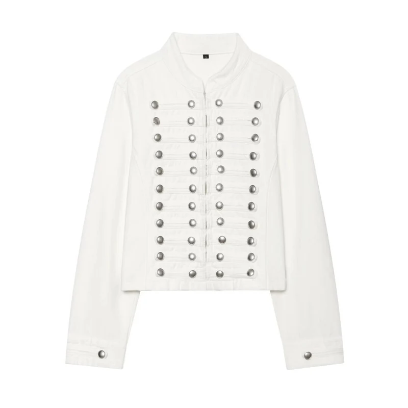 Damen Cropped Denim‑Blouson im Frackstil mit dekorativen Reihenknöpfen Drune