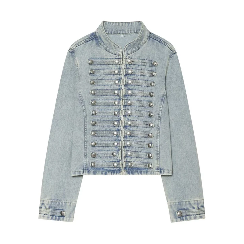 Damen Cropped Denim‑Blouson im Frackstil mit dekorativen Reihenknöpfen Drune