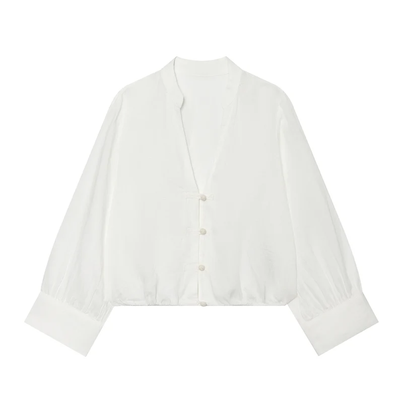 Damen Cropped-Bluse im Tai-Chi-Stil mit Stehkragen, Knotenverschlüssen und Ballonärmeln Drune
