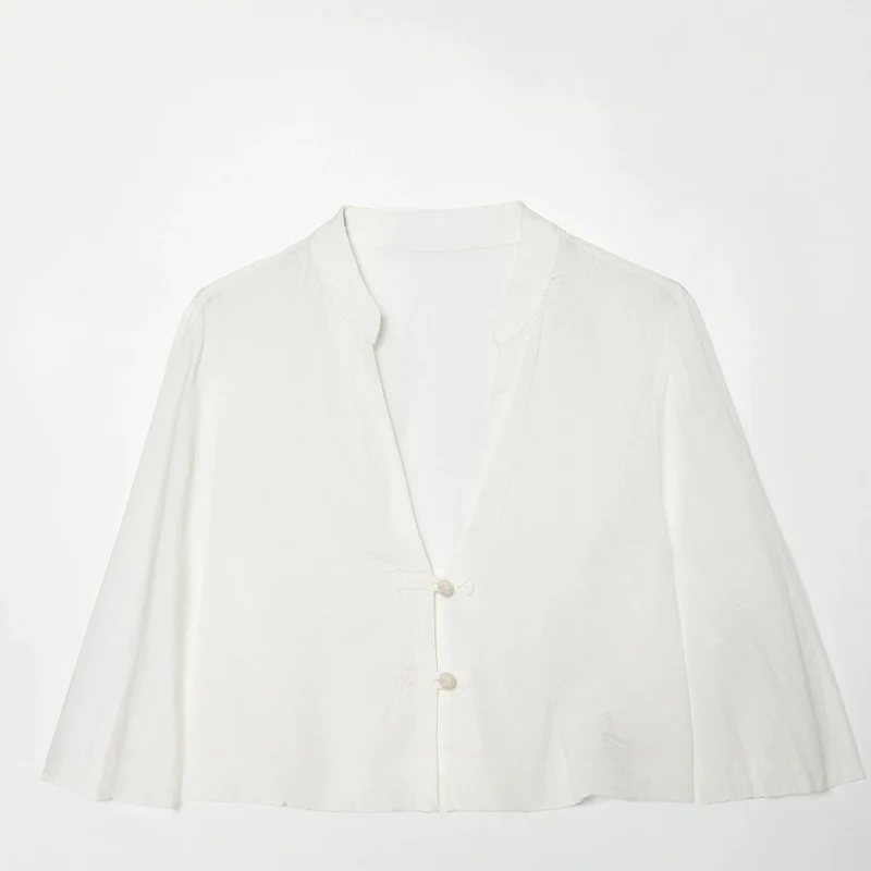Damen Cropped-Bluse im Tai-Chi-Stil mit Stehkragen, Knotenverschlüssen und Ballonärmeln Drune