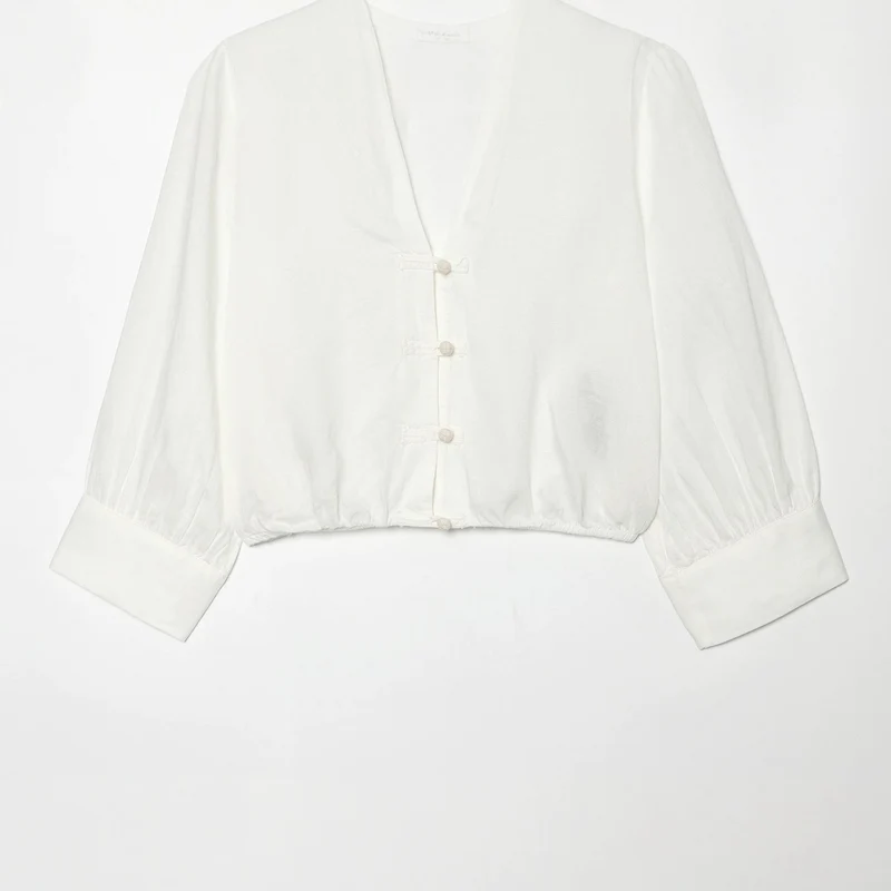 Damen Cropped-Bluse im Tai-Chi-Stil mit Stehkragen, Knotenverschlüssen und Ballonärmeln Drune