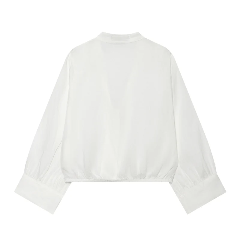 Damen Cropped-Bluse im Tai-Chi-Stil mit Stehkragen, Knotenverschlüssen und Ballonärmeln Drune