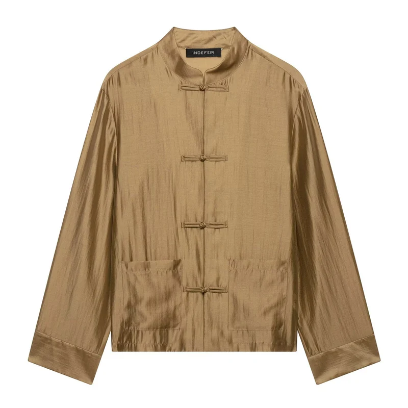 Damen Chinesisch-inspirierte Hemdjacke mit Stehkragen und Knotenknöpfen Drune