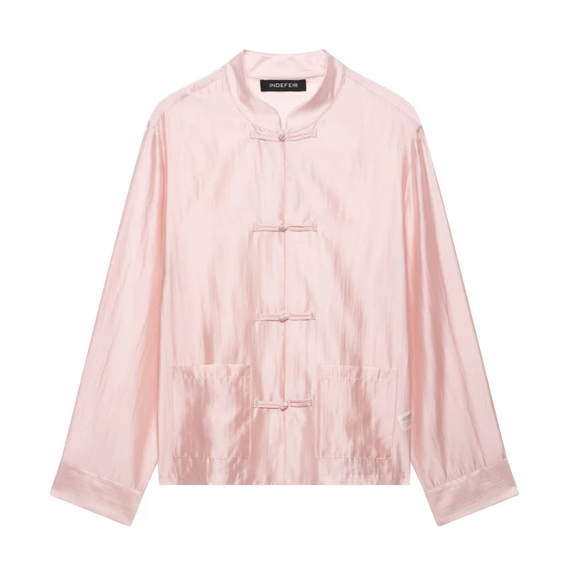 Damen Chinesisch-inspirierte Hemdjacke mit Stehkragen und Knotenknöpfen Drune
