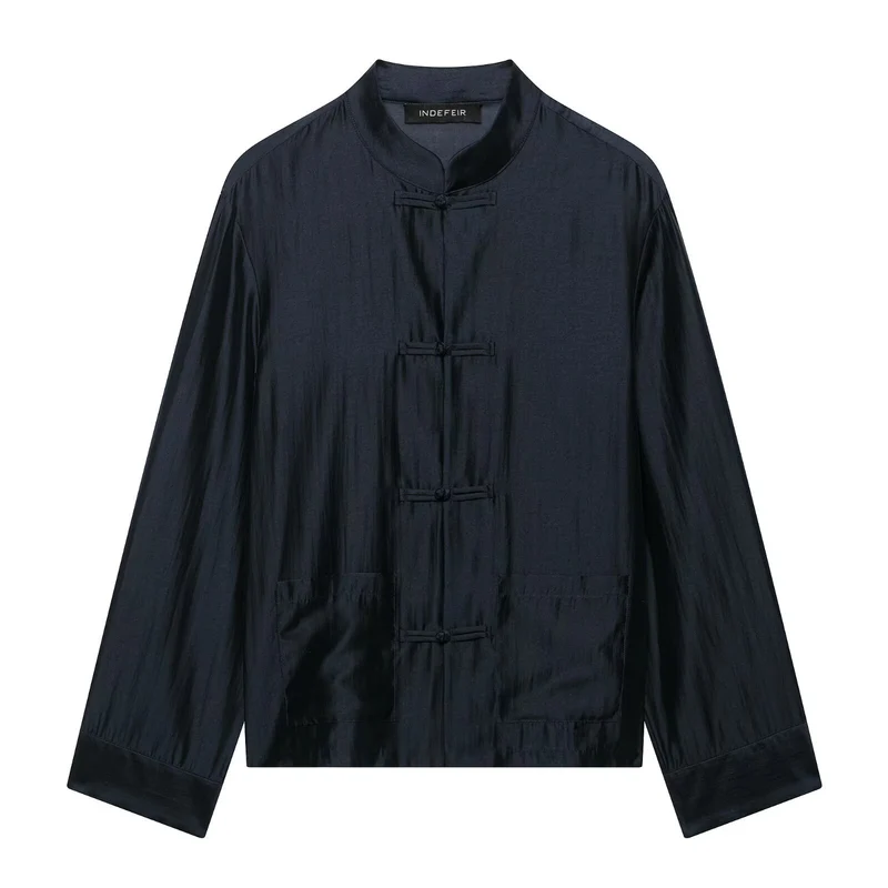 Damen Chinesisch-inspirierte Hemdjacke mit Stehkragen und Knotenknöpfen Drune