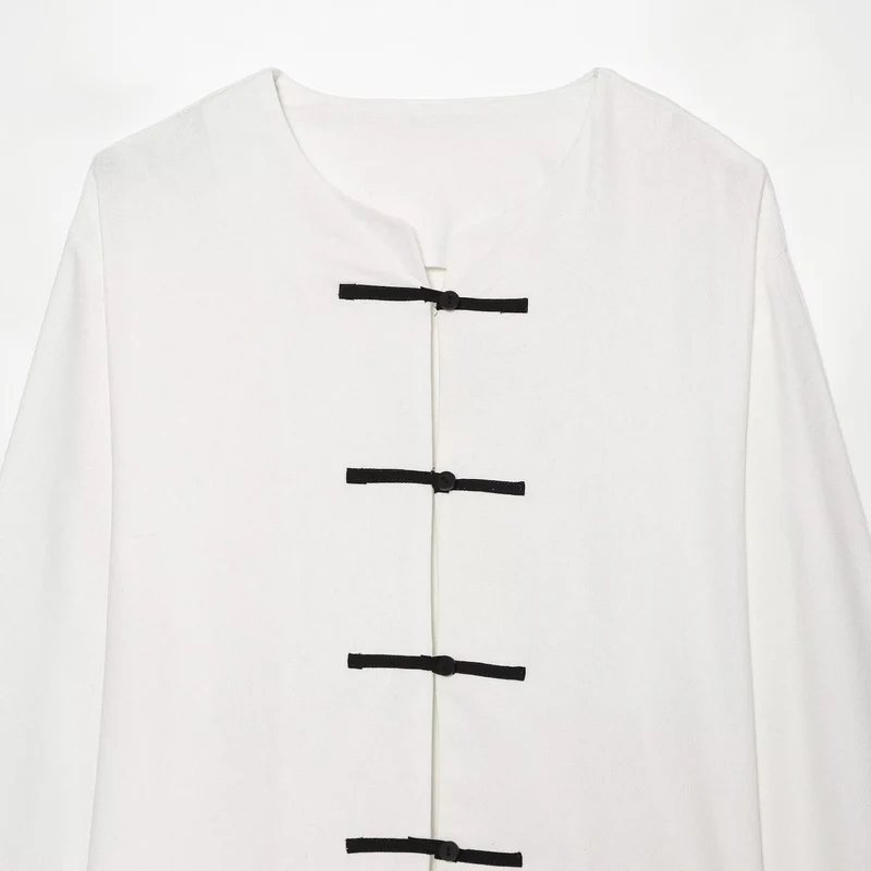 Damen Boxy-Jacke mit Mandarin-Kragen und dekorativen Knotenverschlüssen Drune
