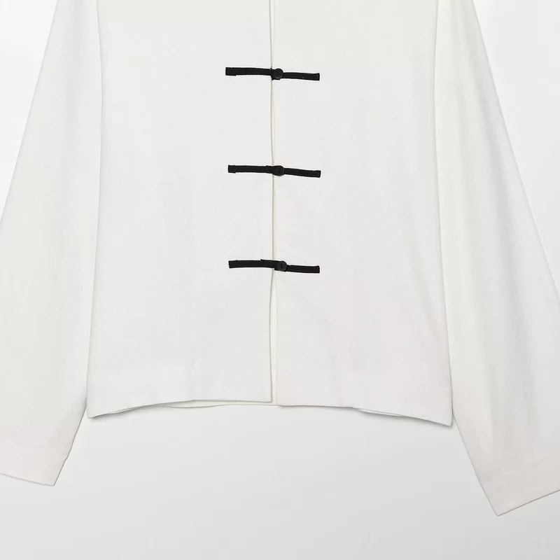Damen Boxy-Jacke mit Mandarin-Kragen und dekorativen Knotenverschlüssen Drune
