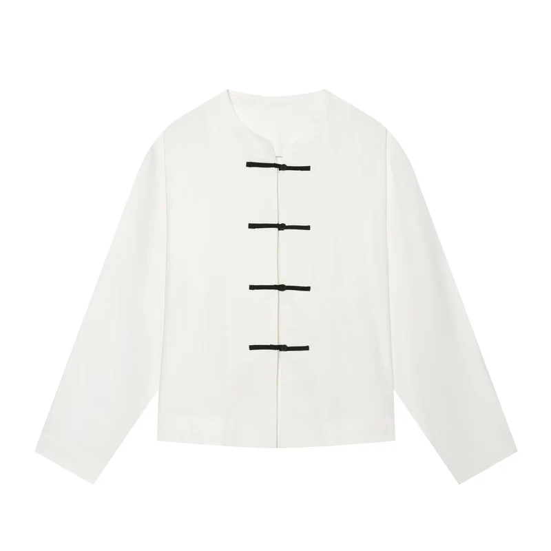Damen Boxy-Jacke mit Mandarin-Kragen und dekorativen Knotenverschlüssen Drune