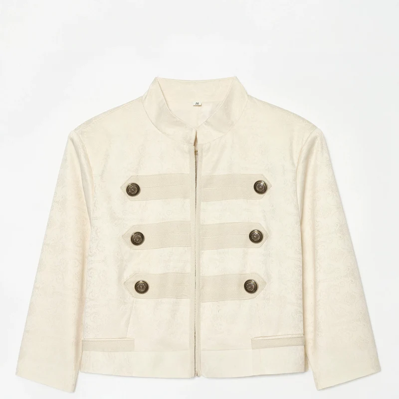 Damen Boxy-Cropped Jacquard-Jackett mit Stehkragen und dekorativer Zierknopfleiste Drune