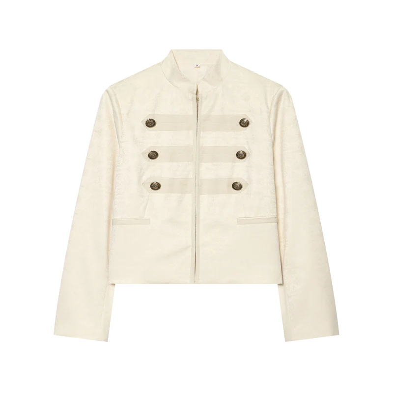Damen Boxy-Cropped Jacquard-Jackett mit Stehkragen und dekorativer Zierknopfleiste Drune