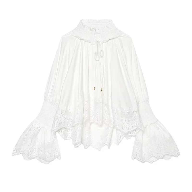 Damen Bluse mit hohem Rüschenkragen, geschmückten Manschetten und Spitzenbordüre Drune