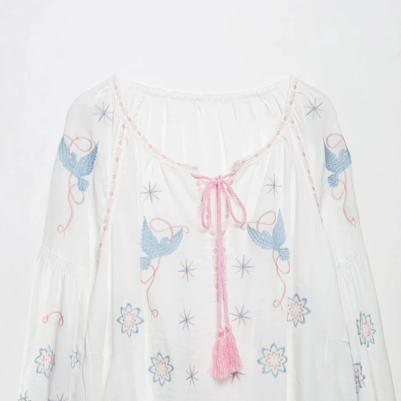 Damen Bestickte luftige Boho-Tunika mit Quastenband und Ballonärmeln Drune