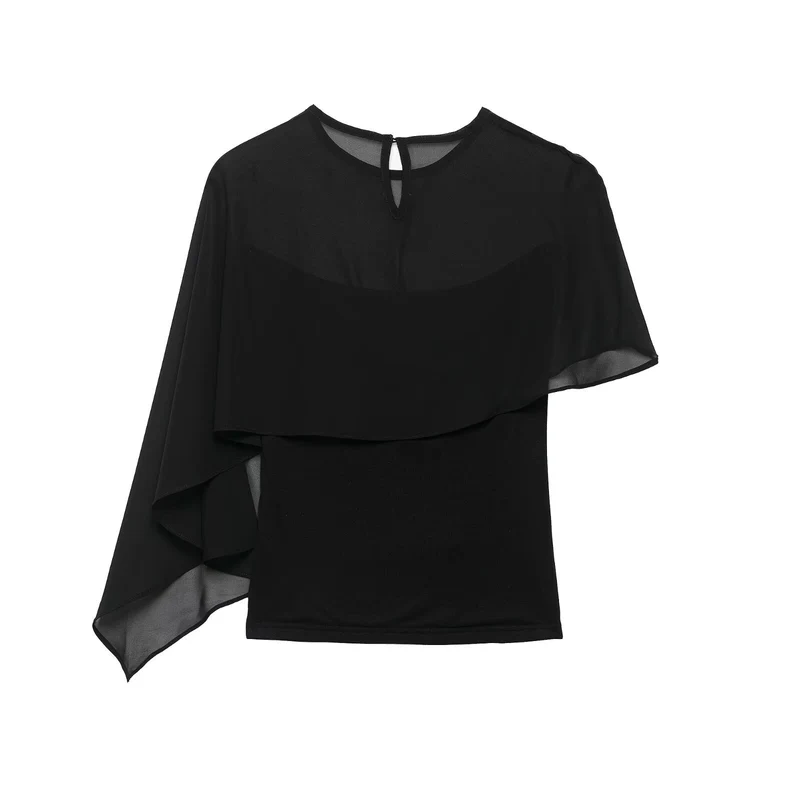 Damen Asymmetrisches Chiffon-Cape Top mit einseitiger Schulterpartie Drune