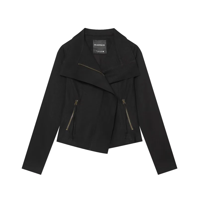 Damen Asymmetrische Bikerjacke mit Wasserfallkragen und diagonalem Reißverschluss Drune
