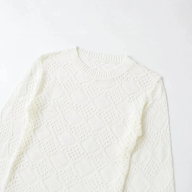 Damen Ajourgestrickter Cropped-Pullover mit Rundhals und Rautenmuster Drune