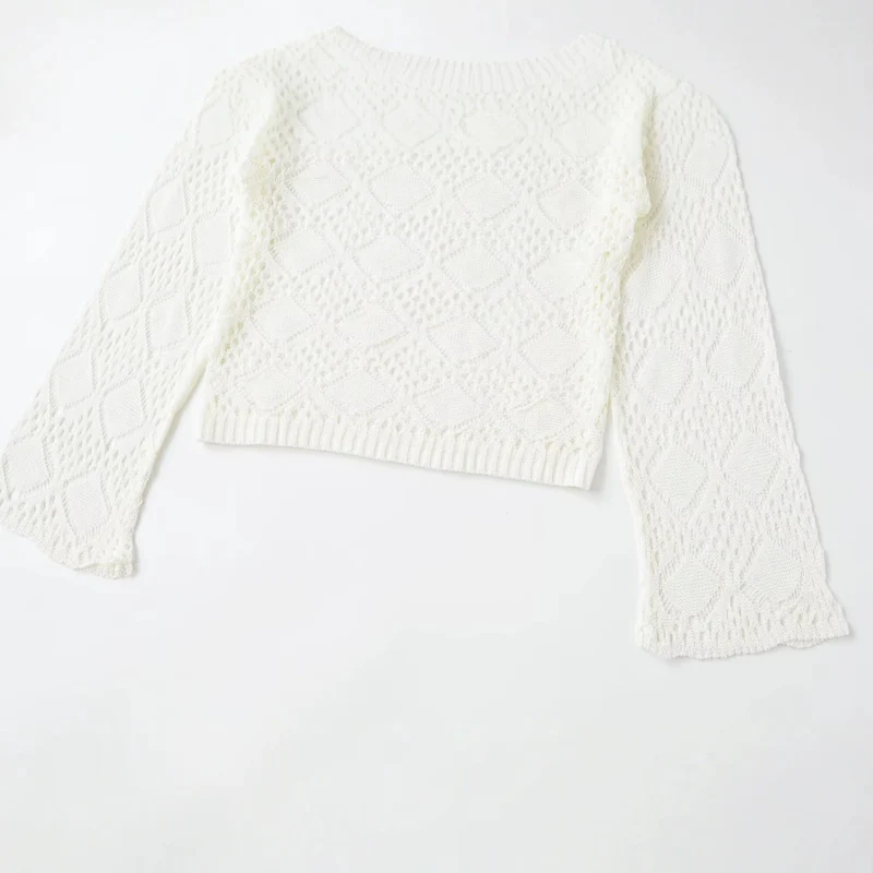 Damen Ajourgestrickter Cropped-Pullover mit Rundhals und Rautenmuster Drune
