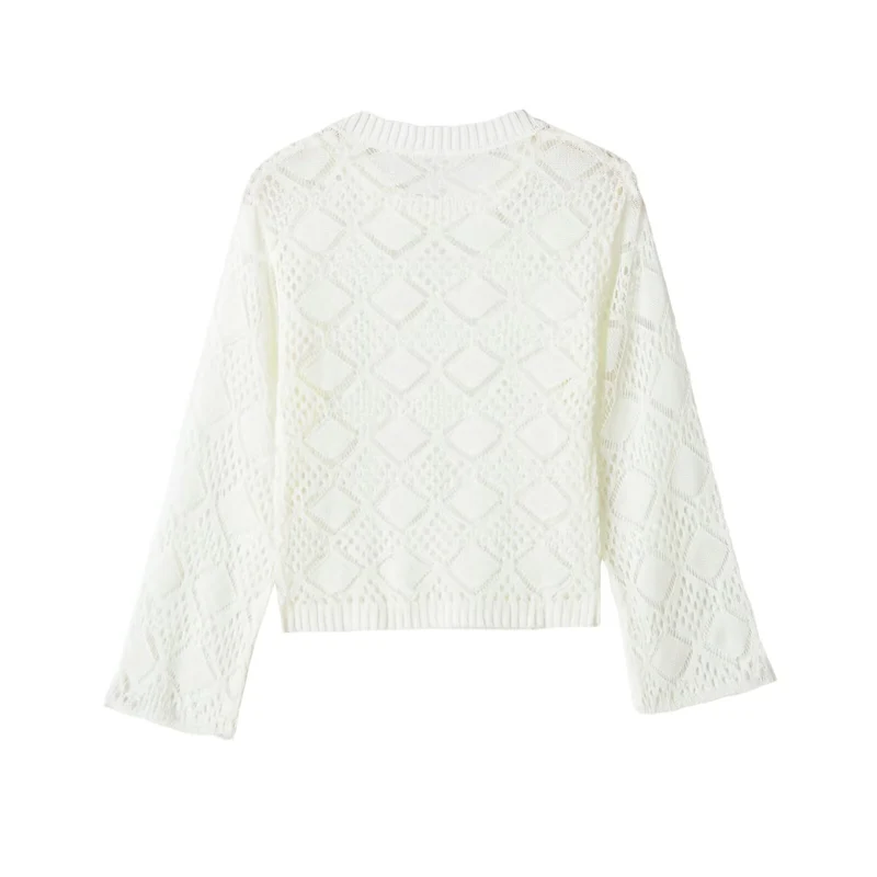 Damen Ajourgestrickter Cropped-Pullover mit Rundhals und Rautenmuster Drune
