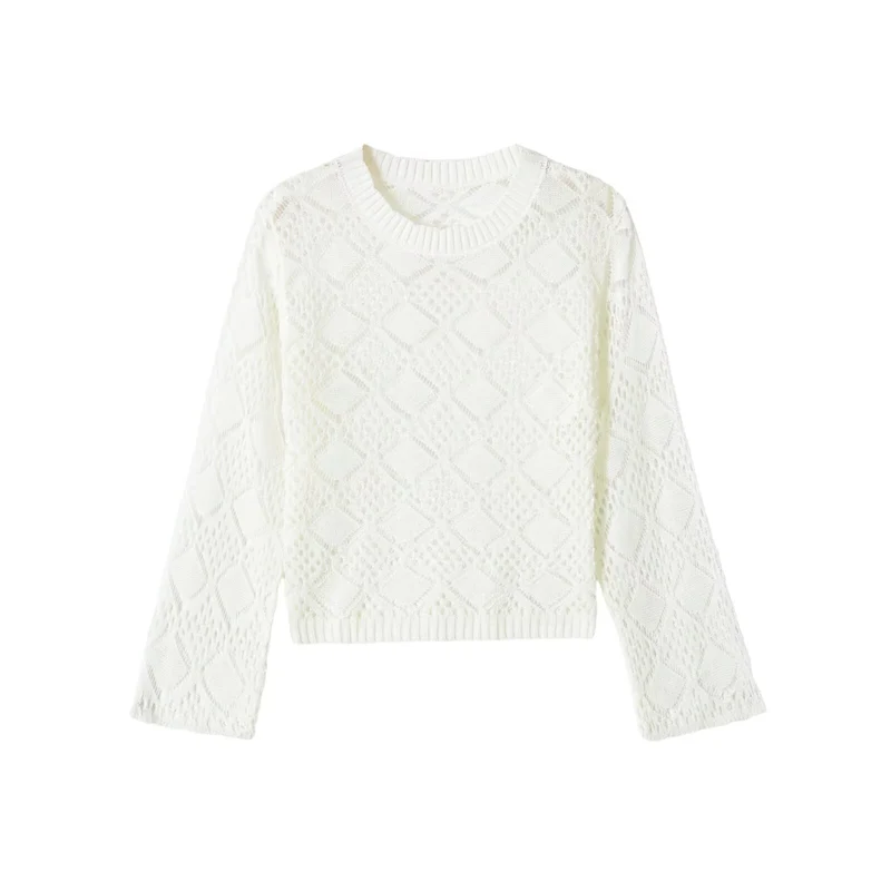 Damen Ajourgestrickter Cropped-Pullover mit Rundhals und Rautenmuster Drune