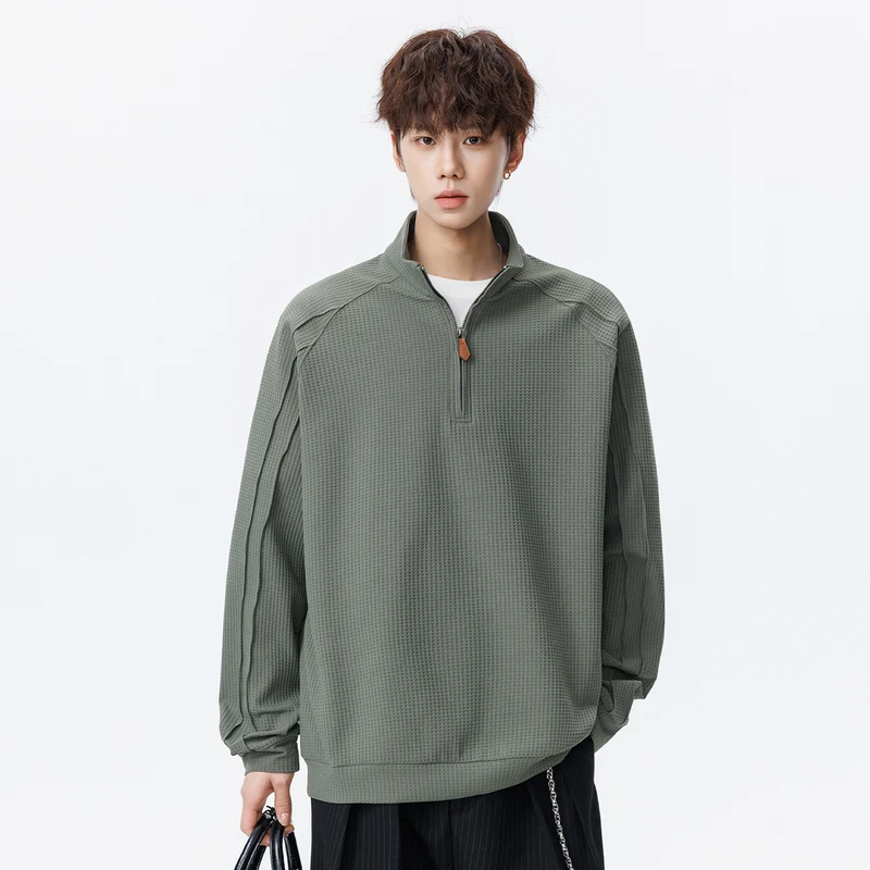 Unisex Waffelstruktur-Halbzip-Pullover mit Stehkragen und Oversized-Schnitt Drune