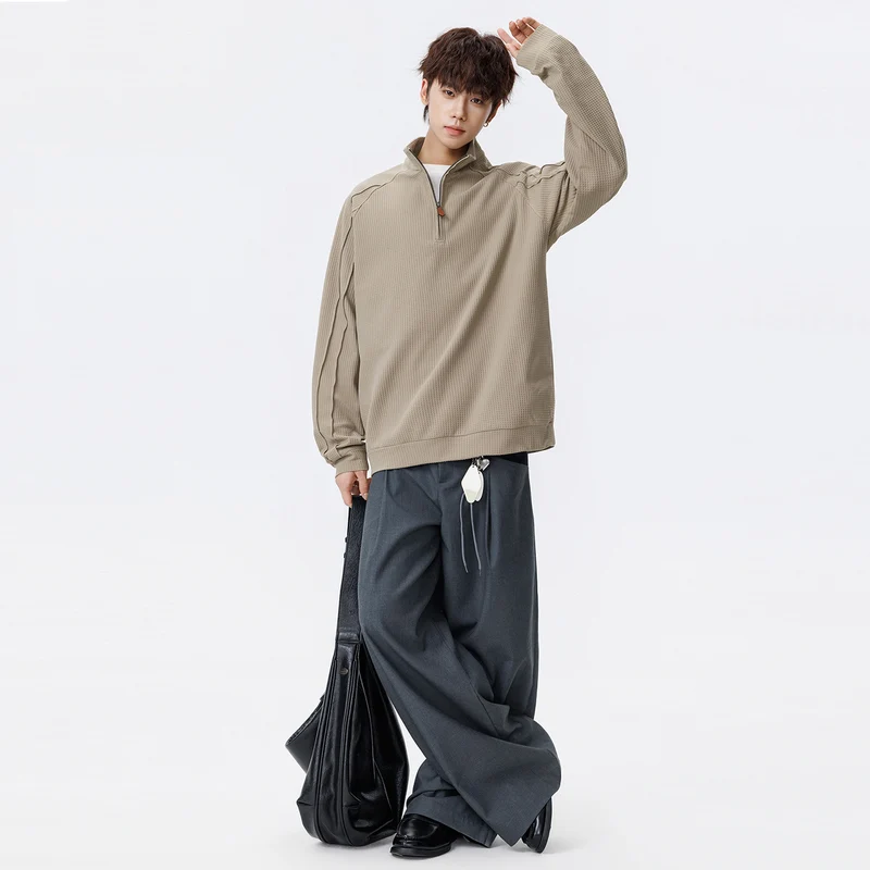 Unisex Waffelstruktur-Halbzip-Pullover mit Stehkragen und Oversized-Schnitt Drune