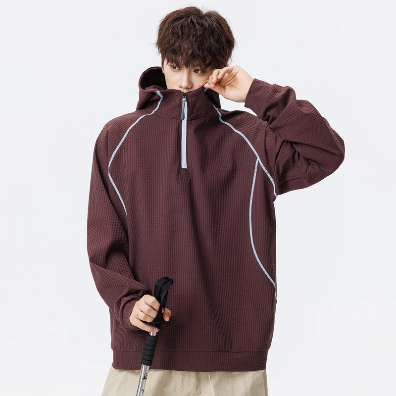 Unisex Oversize Waffelstruktur-Halbzip-Hoodie mit Raglanärmeln und Kontrastpaspeln Drune