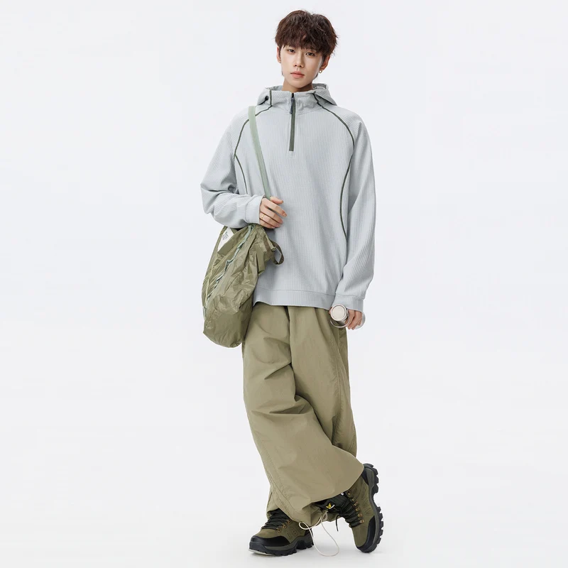 Unisex Oversize Waffelstruktur-Halbzip-Hoodie mit Raglanärmeln und Kontrastpaspeln Drune