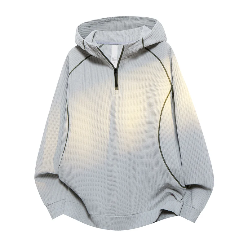 Unisex Oversize Waffelstruktur-Halbzip-Hoodie mit Raglanärmeln und Kontrastpaspeln Drune